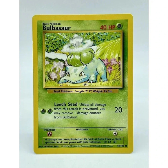Bulbasaur 44/102  Regular Unlimited Common Pokémon TCG Non Holo Vintage 1999 NM - Picture 1 of 6